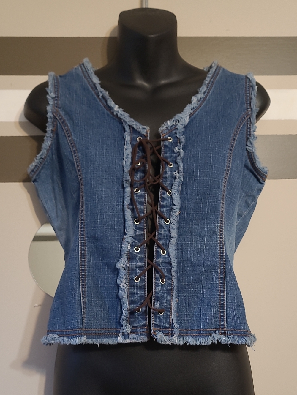 Rare Vintage SEXSO JEANS Blue Denim Corset Lace-up Crop Vest Sz LG ❗️Fits SM/Med